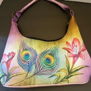 Vintage Anuschka Peacock Lily Hand Painted 100% Leather Hobo Shoulder Bag